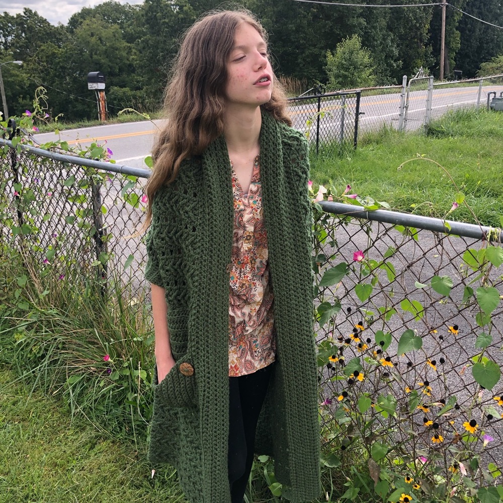 SOLD! Handmade knitted/crocheted pocket shawl in color medium Thyme.